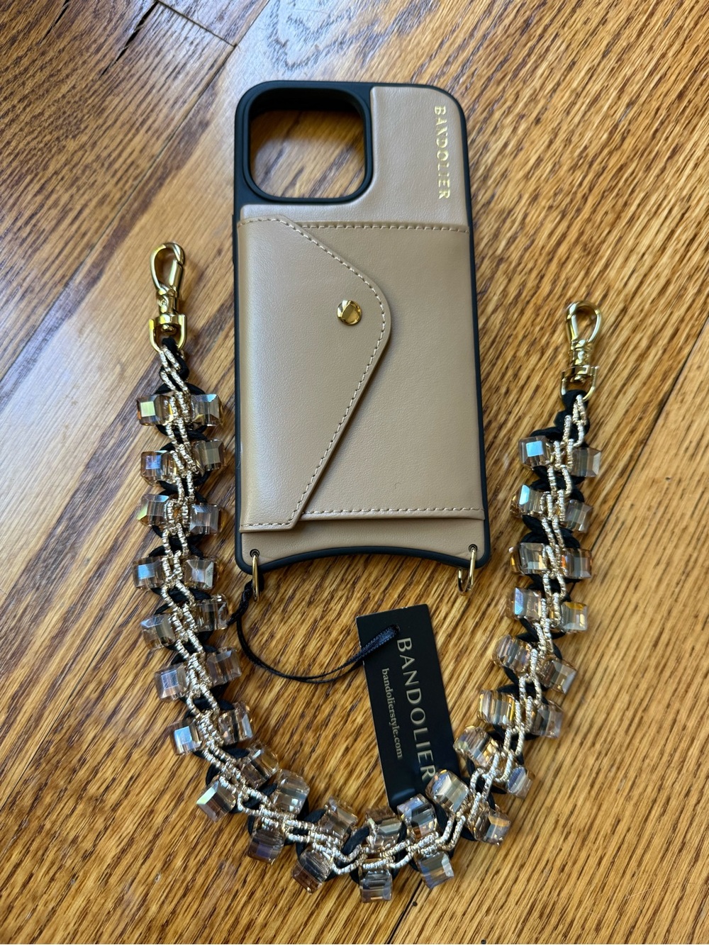 Bandolier Beige Leather Card Phone Case with Decorative Strap iPhone 16 pro Max